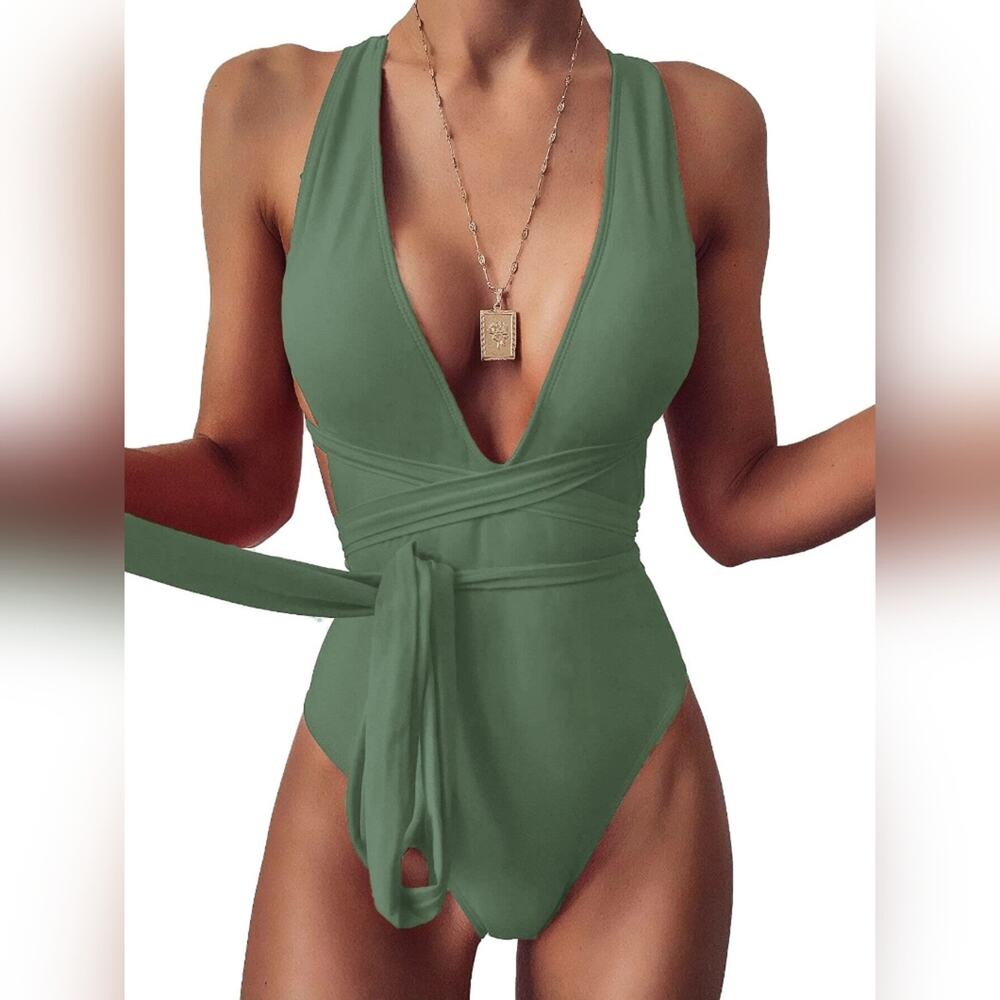 New Green One Piece‎ Thong Swimsuit High Cut Army Green 192 Size S